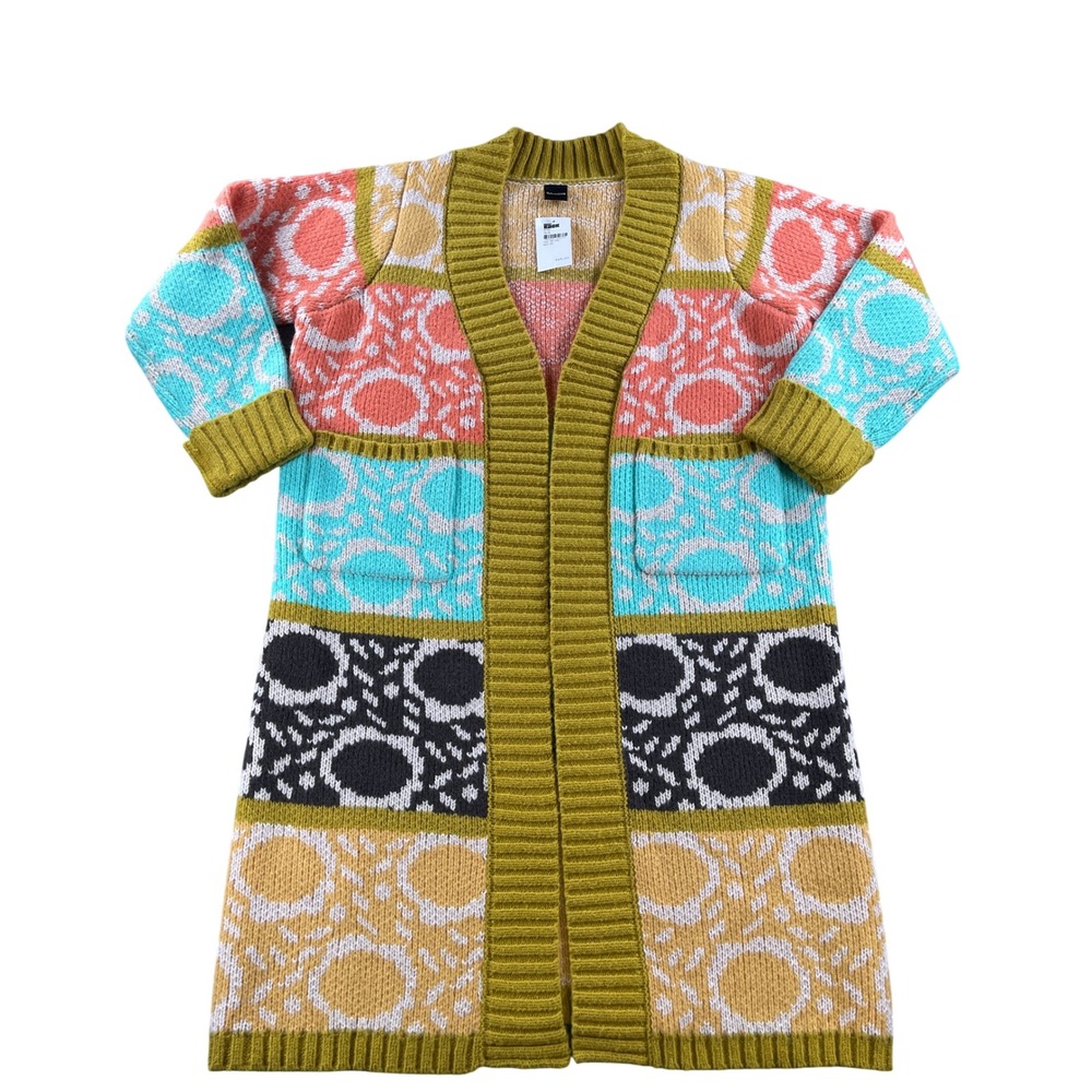 Saachi Multi Color Geometric Longline Cardigan Sweater Open Front One Size NEW
